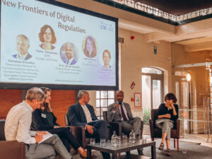 Picture of the Digital panel at the TACD 2023 Annual meeing with Claire Fernandez (EDRi), Olivier Sylvain (FTC), Christian D'Cunha (EU Commission), Calli Schroeder (EPIC) and moderated by Finn Myrstad (Norwegian Consumer Council)