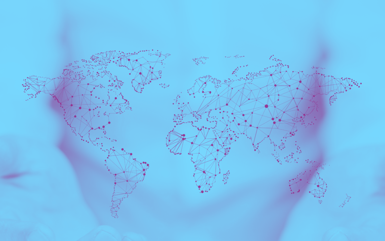 Two hands holding a vitrual map of the world